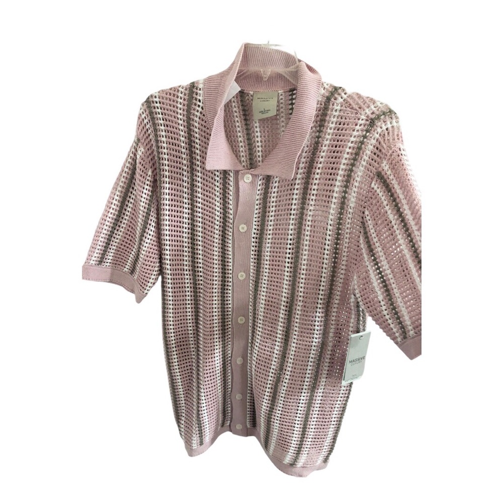 Super‎ Massive men’s pink multi stripe crochet mesh button down shirt size large